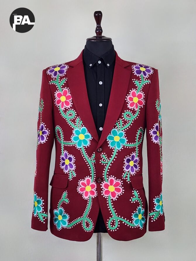 Men 2Pc Maroon Custom Made Flower Vines Embroidered Rhinestone Elegant Wedding Party Country Western Suit - Image 2