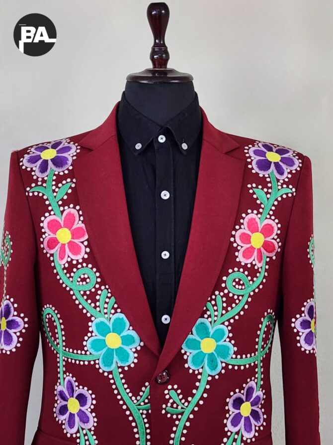 Men 2Pc Maroon Custom Made Flower Vines Embroidered Rhinestone Elegant Wedding Party Country Western Suit - Image 4