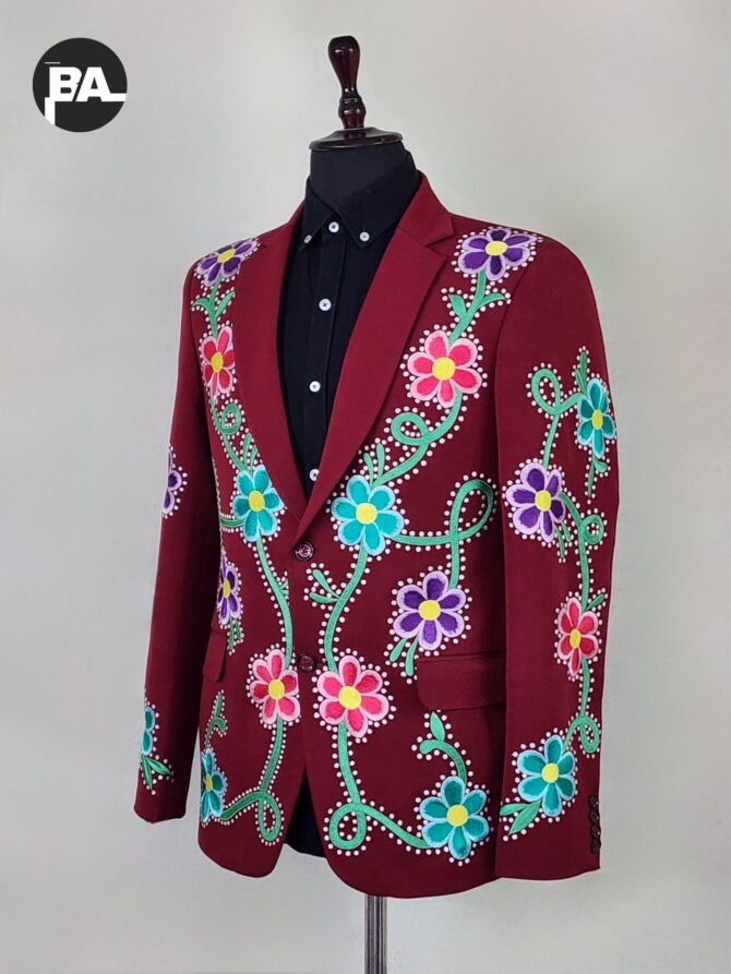 Men 2Pc Maroon Custom Made Flower Vines Embroidered Rhinestone Elegant Wedding Party Country Western Suit - Image 3