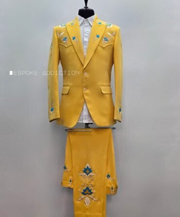 Men Yellow 2Pc Customized Floral Flowers Embroidered Rhinestones Country Western Nudie Suit Wedding Party Rockstar Attire