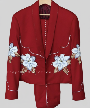 Men 2Pc Cowboy Red Vintage Flower Embroidered Rhinestones & Piping Country Western Nudie Suit Wedding Groom Outfit