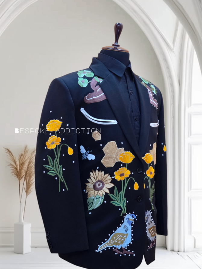 Men's Black 2Pc Customized Floral Bird & Flower Embroidered Rhinestone Embellished Country Western Suit Cowboy Retro Wedding Day Party Hippie Bespoke Outfit - Image 4