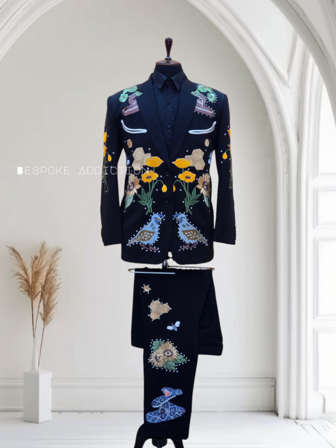 Men's Black 2Pc Customized Floral Bird & Flower Embroidered Rhinestone Embellished Country Western Suit Cowboy Retro Wedding Day Party Hippie Bespoke Outfit