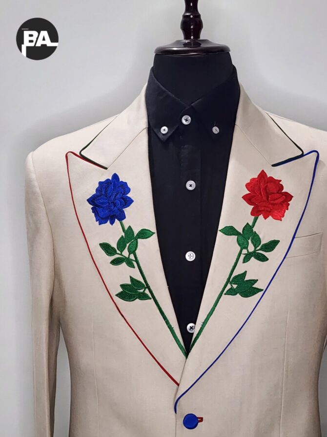 Men's Ivory 2Pc Custom Made Flower's Embroidered On Lapel With Piping Tuxedo Western Formal Suit - Image 2