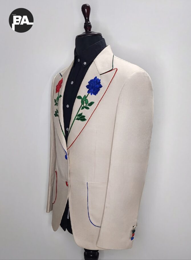 Men's Ivory 2Pc Custom Made Flower's Embroidered On Lapel With Piping Tuxedo Western Formal Suit - Image 4