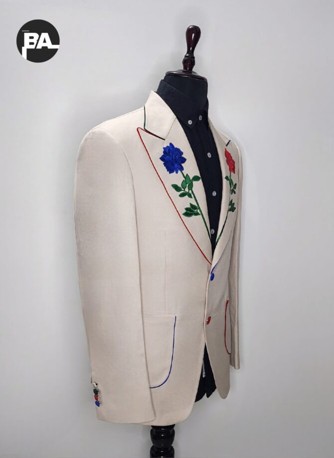 Men's Ivory 2Pc Custom Made Flower's Embroidered On Lapel With Piping Tuxedo Western Formal Suit - Image 3