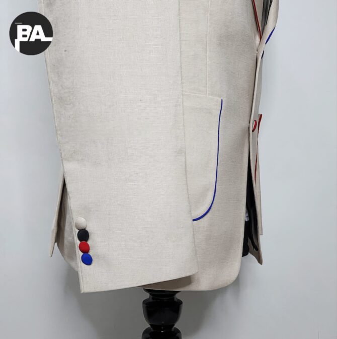 Men's Ivory 2Pc Custom Made Flower's Embroidered On Lapel With Piping Tuxedo Western Formal Suit - Image 5