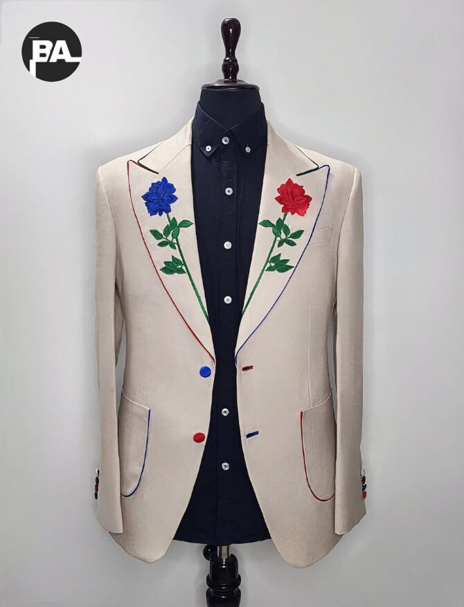 Men's Ivory 2Pc Custom Made Flower's Embroidered On Lapel With Piping Tuxedo Western Formal Suit