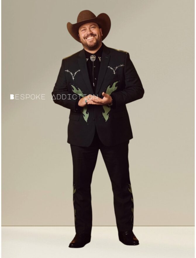 Men Black Premium 2Pc Customized Vintage Designer Fire Flames Embroidered With Rhinestones Notch Lapel Cocktail Groom Wedding Day Music Event Party Attire - Image 3