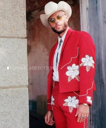 Men 2Pc Red Customized Vintage Flower Embroidered Rhinestones & Piping Country Western Nudie Suit Cowboy Wedding Cocktail Party Groom Outfit