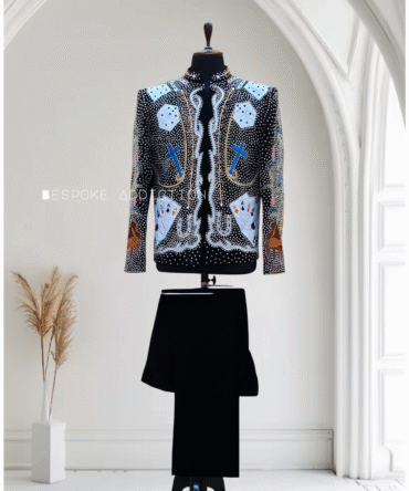 Men Black 2Pc Customized Cards Dice Embroidered Overload Rhinestones Country Western Nudie Suit Cowboy Retro Music Concert Prom Party Stage Rockstar Attire