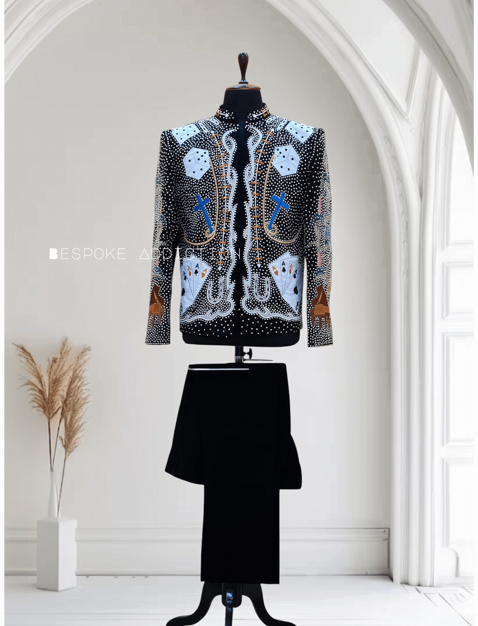 Men Black 2Pc Customized Cards Dice Embroidered Over Rhinestones Loaded Jacket Country Western Nudie Suit Cowboy Retro Music Events Prom Party Bespoke Attire