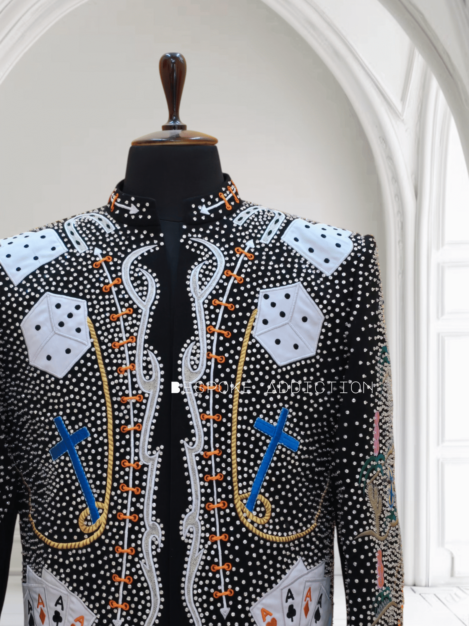 Men Black 2Pc Customized Cards Dice Embroidered Overload Rhinestones Country Western Nudie Suit Cowboy Retro Music Concert Prom Party Stage Rockstar Attire - Image 5