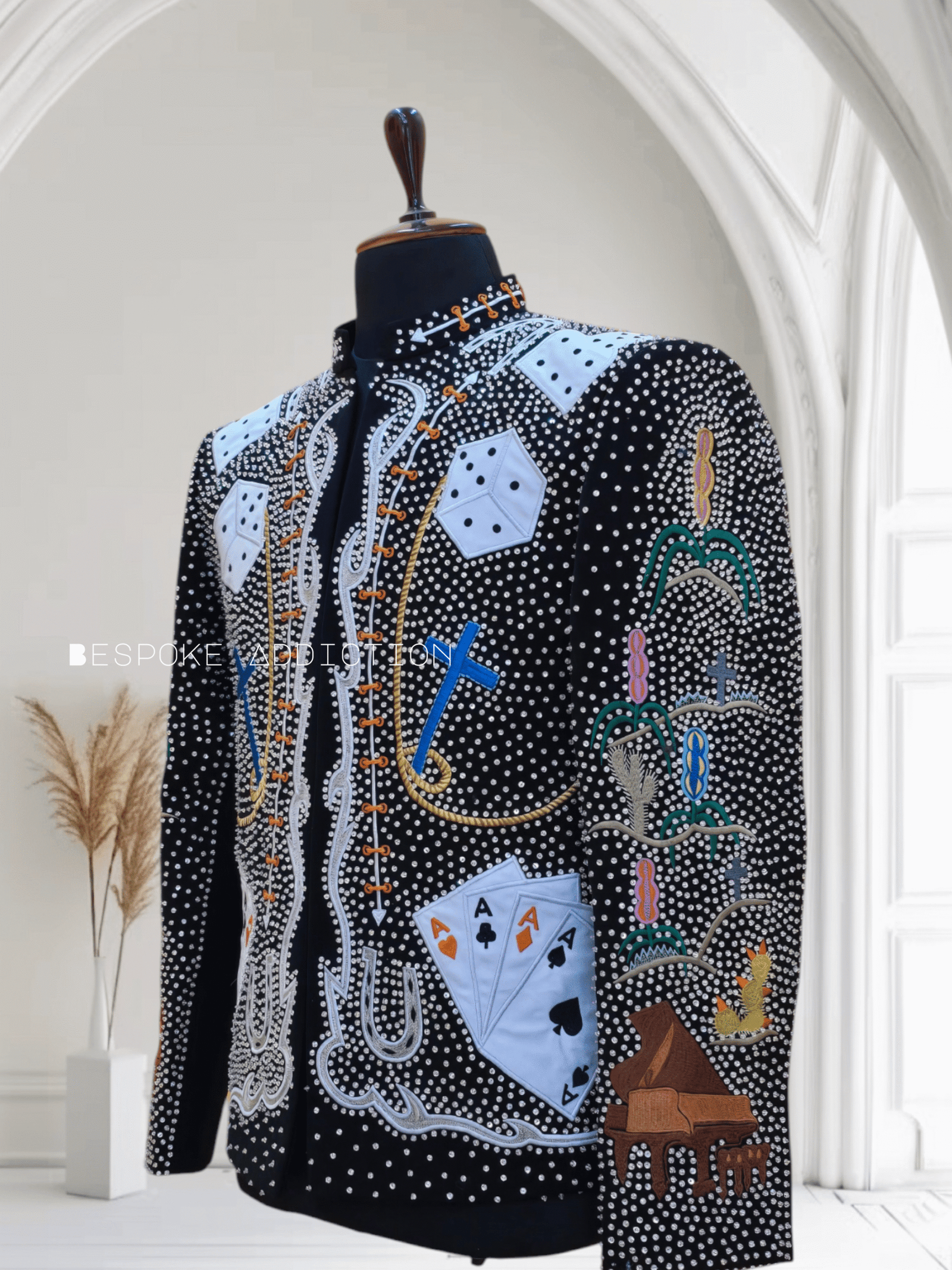 Men Black 2Pc Customized Cards Dice Embroidered Overload Rhinestones Country Western Nudie Suit Cowboy Retro Music Concert Prom Party Stage Rockstar Attire - Image 6