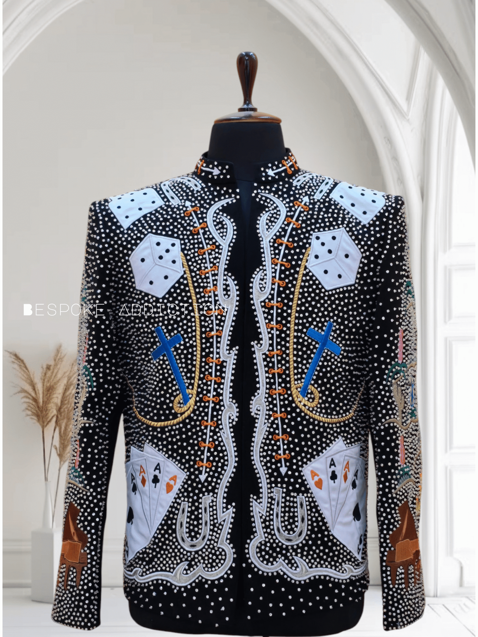 Men Black 2Pc Customized Cards Dice Embroidered Overload Rhinestones Country Western Nudie Suit Cowboy Retro Music Concert Prom Party Stage Rockstar Attire - Image 3