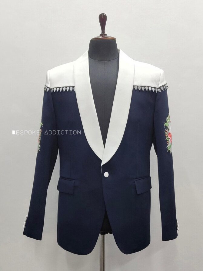 Men Dual Tone White & Navy Blue 2Pc Customized Flower Embroidered Rhinestones Vintage Western Suit Tuxedo Wedding Cowboy Party Rockstar Set - Image 2