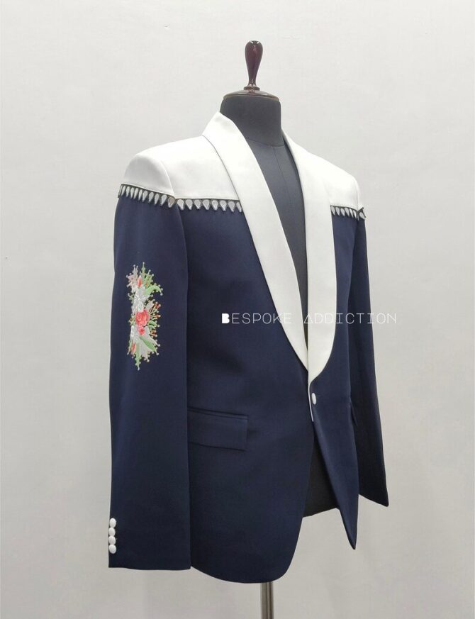 Men Dual Tone White & Navy Blue 2Pc Customized Flower Embroidered Rhinestones Vintage Western Suit Tuxedo Wedding Cowboy Party Rockstar Set - Image 3