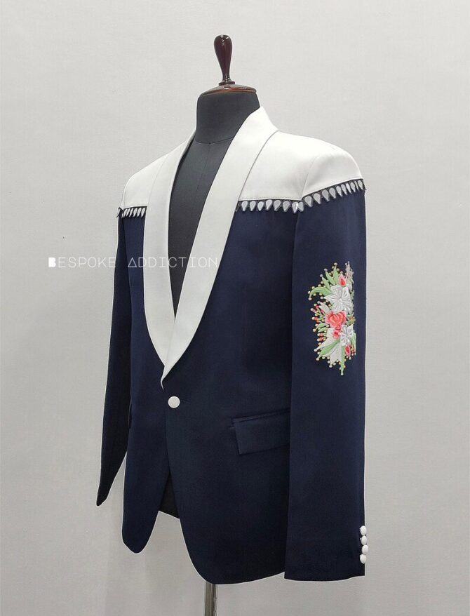 Men Dual Tone White & Navy Blue 2Pc Customized Flower Embroidered Rhinestones Vintage Western Suit Tuxedo Wedding Cowboy Party Rockstar Set - Image 4