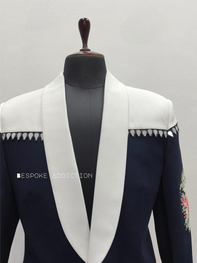 Men Dual Tone White & Navy Blue 2Pc Customized Flower Embroidered Rhinestones Vintage Western Suit Tuxedo Wedding Cowboy Party Rockstar Set - Image 6