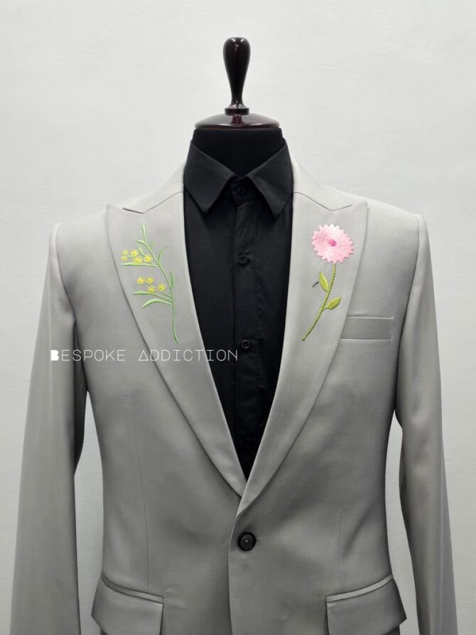 Men Gray 2Pc Customized Design Flower Lapel Embroidered Peak Lapel Country Western Suit Wedding Day Groom Cocktail Prom Party Attire - Image 3