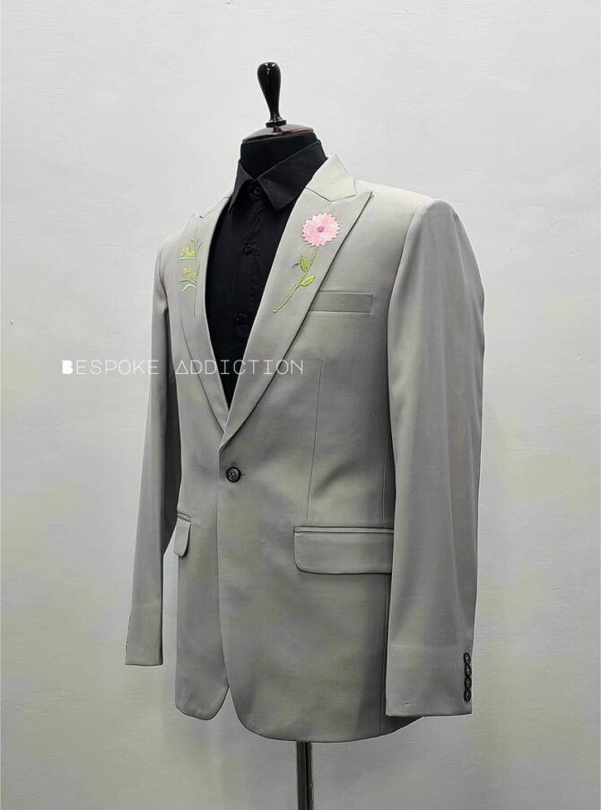 Men Gray 2Pc Customized Design Flower Lapel Embroidered Peak Lapel Country Western Suit Wedding Day Groom Cocktail Prom Party Attire - Image 4