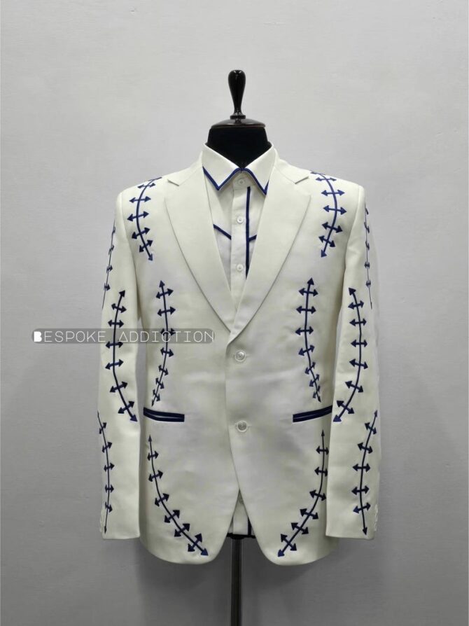 Men Ivory 3Pc Customized Piping Arrow Embroidered Vintage Cowboy Country Western Suit With Shirt Retro Groom Wedding Music Event Party Set