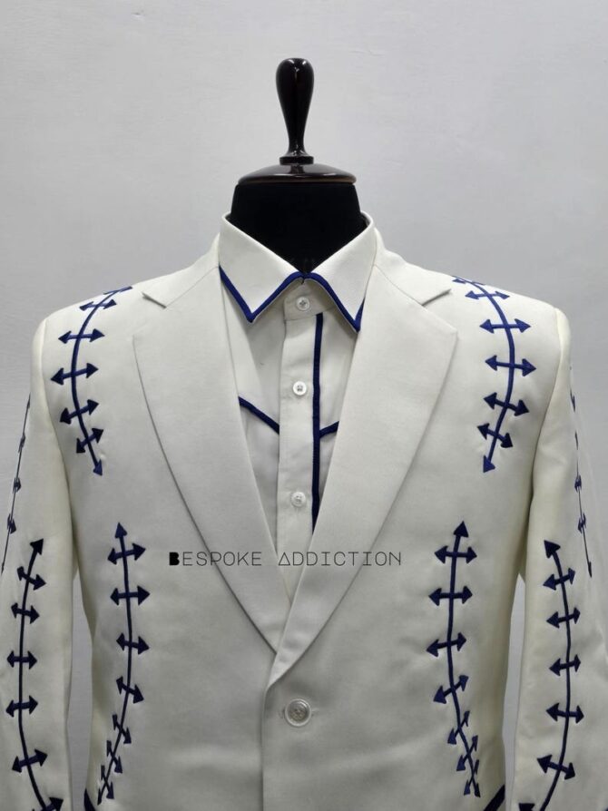 Men Ivory 3Pc Customized Piping Arrow Embroidered Vintage Cowboy Country Western Suit With Shirt Retro Groom Wedding Music Event Party Set - Image 6