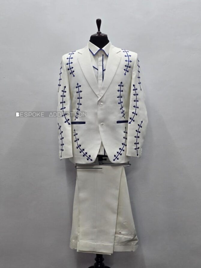 Men Ivory 3Pc Customized Piping Arrow Embroidered Vintage Cowboy Country Western Suit With Shirt Retro Groom Wedding Music Event Party Set - Image 4