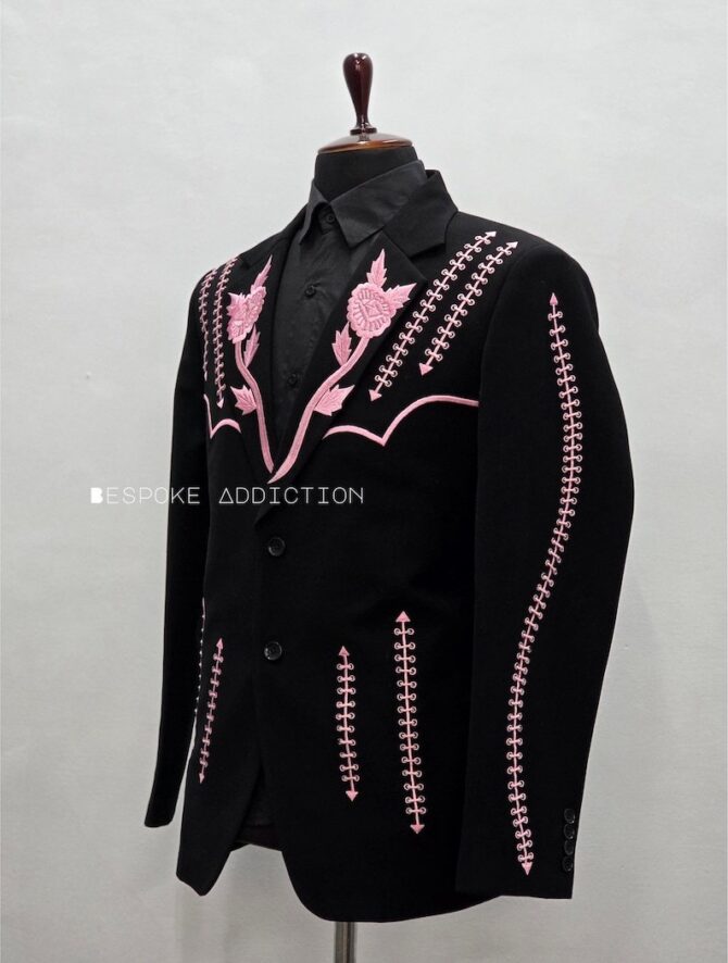 Men Black 2Pc Customized Flowers Embroidered On Notch Lapel With Piping Vintage Cowboy Country Western Suit Retro Groom Wedding Party Outfit - Image 3