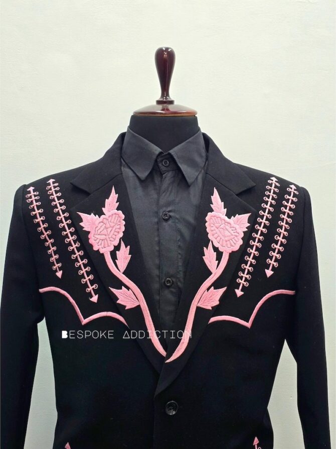 Men Black 2Pc Customized Flowers Embroidered On Notch Lapel With Piping Vintage Cowboy Country Western Suit Retro Groom Wedding Party Outfit - Image 4