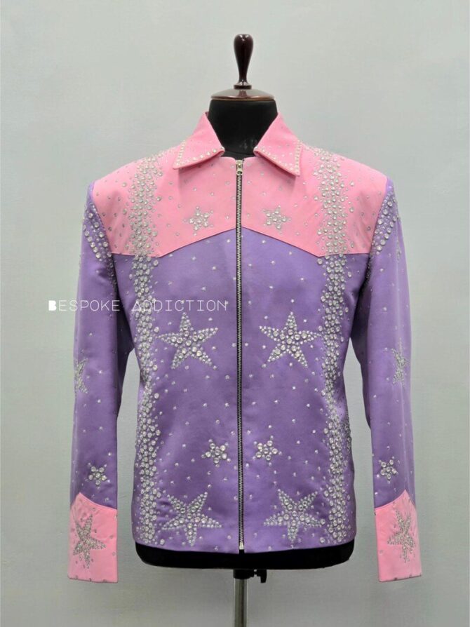 Men Light Pink & Lavender 2Pc Bespoke Rhinestone Embroidered Zipper Country Western Nudie Suit Cowboy Vintage Wedding Party Rockstar Outfit - Image 2