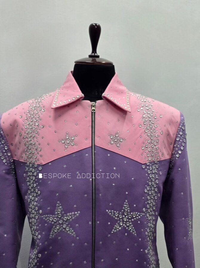 Men Light Pink & Lavender 2Pc Bespoke Rhinestone Embroidered Zipper Country Western Nudie Suit Cowboy Vintage Wedding Party Rockstar Outfit - Image 4