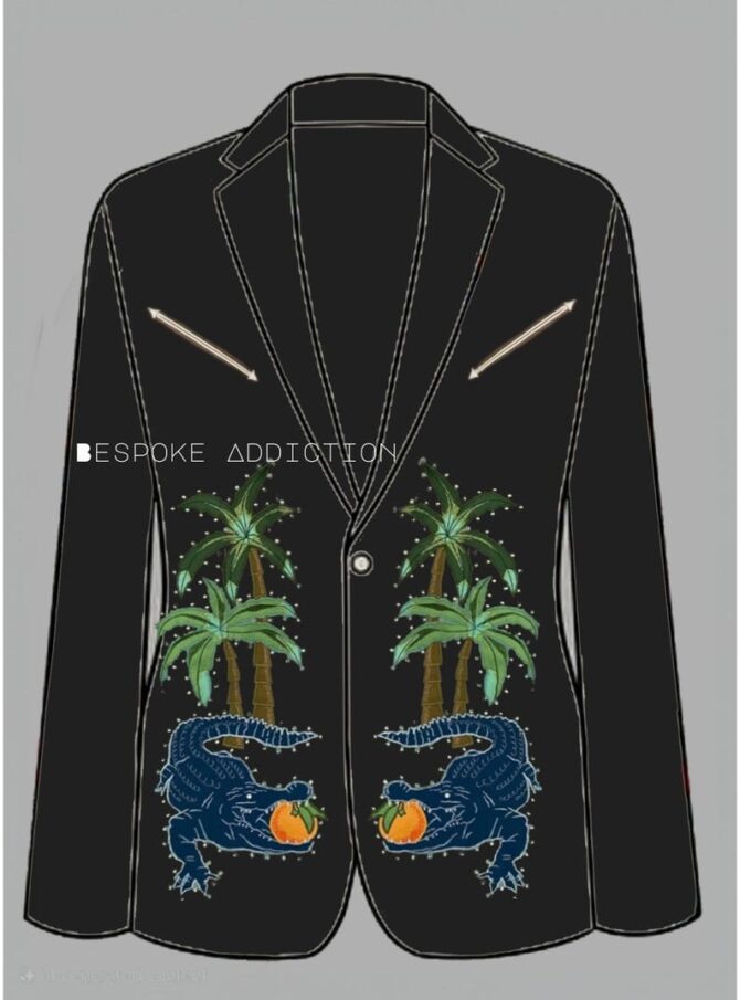 Men Black 2Pc Customized Floral Alligator Embroidered Rhinestones Country Western Nudie Suit Designer Prom Party Wedding Cocktail Party Set