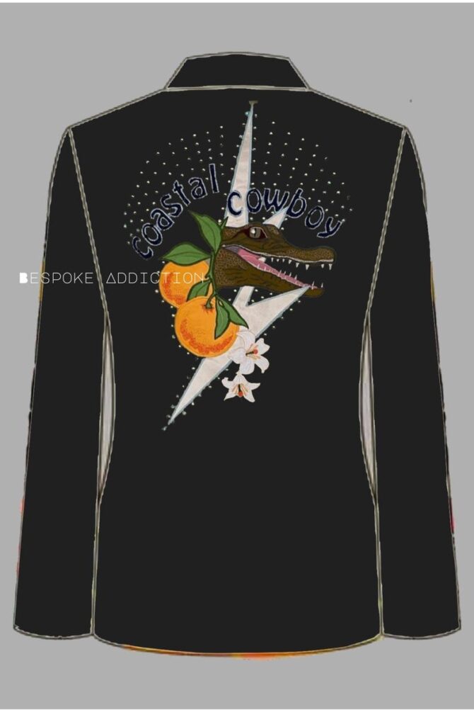 Men Black 2Pc Customized Floral Alligator Embroidered Rhinestones Country Western Nudie Suit Designer Prom Party Wedding Cocktail Party Set - Image 4