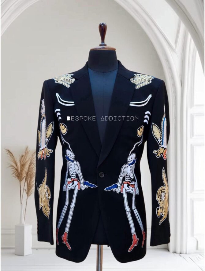 Men Black 2Pc Cowboy Country Western Nudie Suit Skeleton Embroidered Rhinestone Vintage Smiley Pockets Cocktail Wedding Party Events Outfit - Image 5