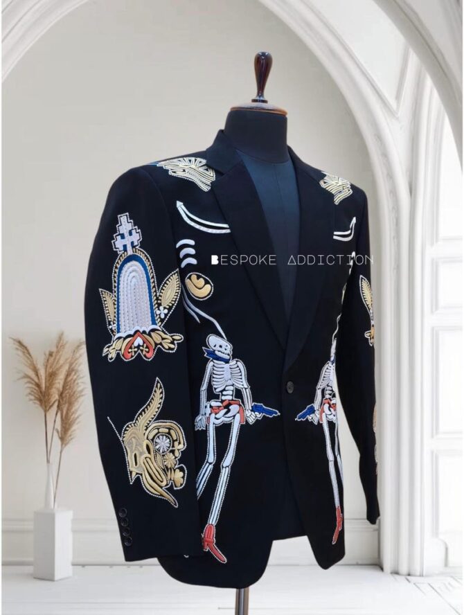 Men Black 2Pc Cowboy Country Western Nudie Suit Skeleton Embroidered Rhinestone Vintage Smiley Pockets Cocktail Wedding Party Events Outfit - Image 4