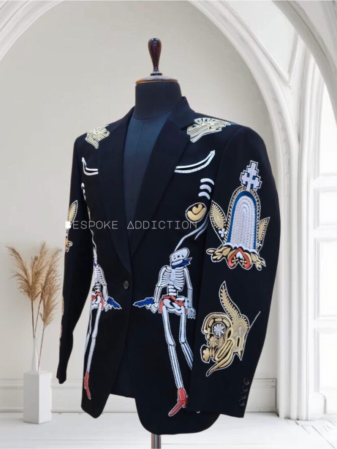 Men Black 2Pc Cowboy Country Western Nudie Suit Skeleton Embroidered Rhinestone Vintage Smiley Pockets Cocktail Wedding Party Events Outfit - Image 3