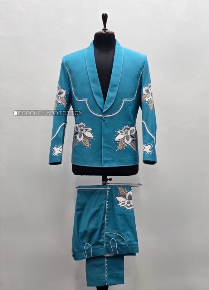 Men Blue 2Pc Bespoke Flower Embroidered Rhinestone & Rice Stitches Vintage Country Western Nudie Suit Cowboy Wedding Party Rockstar Outfit