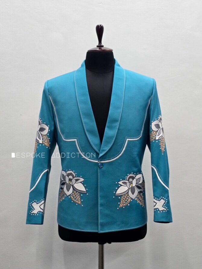 Men Blue 2Pc Bespoke Flower Embroidered Rhinestone & Rice Stitches Vintage Country Western Nudie Suit Cowboy Wedding Party Rockstar Outfit - Image 5