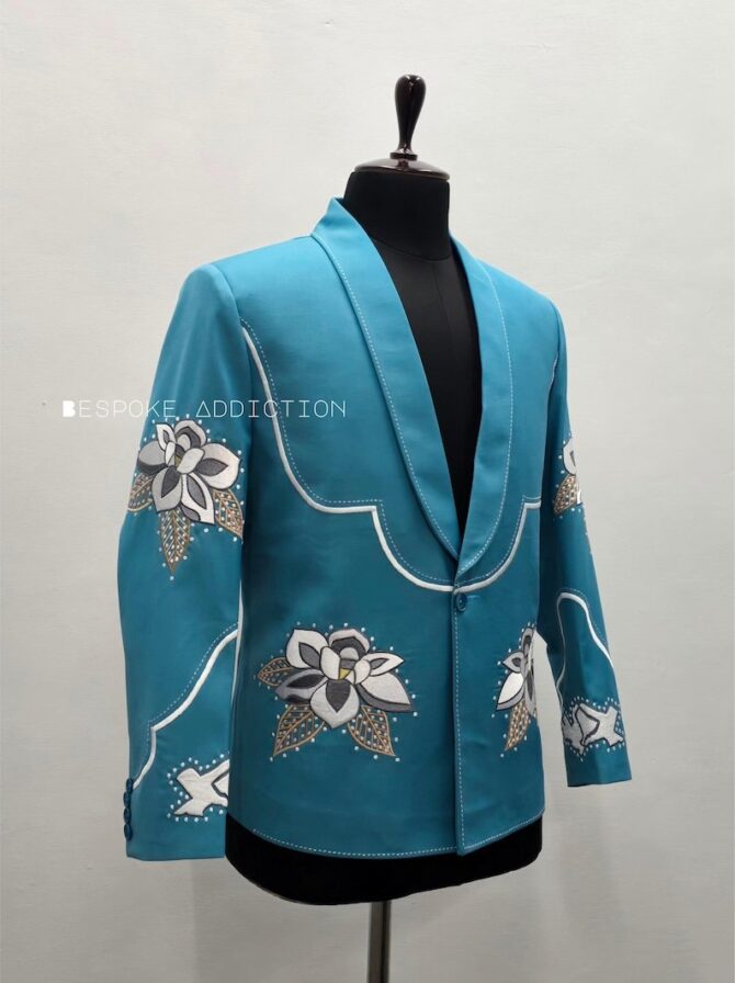 Men Blue 2Pc Bespoke Flower Embroidered Rhinestone & Rice Stitches Vintage Country Western Nudie Suit Cowboy Wedding Party Rockstar Outfit - Image 3