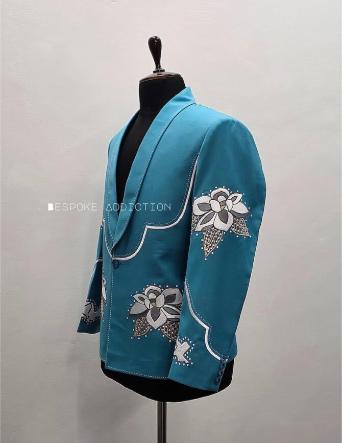 Men Blue 2Pc Bespoke Flower Embroidered Rhinestone & Rice Stitches Vintage Country Western Nudie Suit Cowboy Wedding Party Rockstar Outfit - Image 4