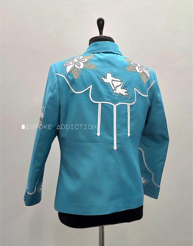 Men Blue 2Pc Bespoke Flower Embroidered Rhinestone & Rice Stitches Vintage Country Western Nudie Suit Cowboy Wedding Party Rockstar Outfit - Image 2