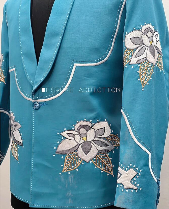 Men Blue 2Pc Bespoke Flower Embroidered Rhinestone & Rice Stitches Vintage Country Western Nudie Suit Cowboy Wedding Party Rockstar Outfit - Image 6