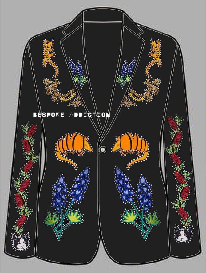 Men Black Cowboy 2Pc Customized Rose Leaf & Bird Embroiderey With Rhinestones Country Western Nudie Suit Wedding Day Dinner Party Attire