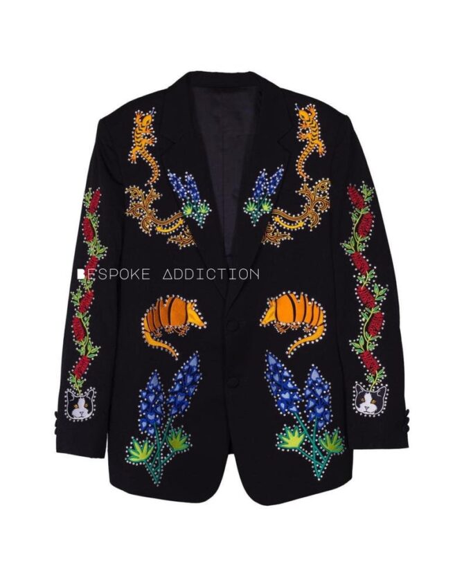 Men Black Cowboy 2Pc Customized Rose Leaf & Bird Embroiderey With Rhinestones Country Western Nudie Suit Wedding Day Dinner Party Attire - Image 4