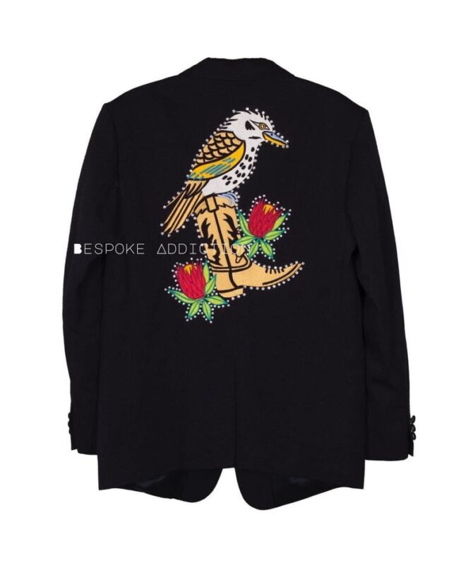 Men Black Cowboy 2Pc Customized Rose Leaf & Bird Embroiderey With Rhinestones Country Western Nudie Suit Wedding Day Dinner Party Attire - Image 5