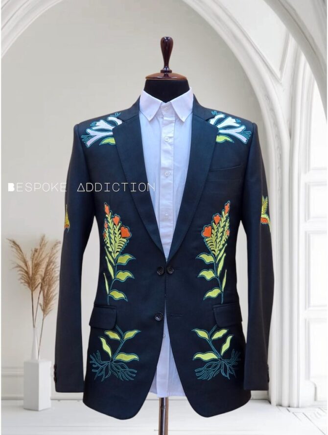 Men Green 2Pc Bespoke Country Western Suit Floral Leaf Bird Embroidered Customized Back latter R Cocktail Groom Wedding Prom Party Outfit - Image 3