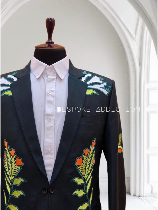 Men Green 2Pc Bespoke Country Western Suit Floral Leaf Bird Embroidered Customized Back latter R Cocktail Groom Wedding Prom Party Outfit - Image 6