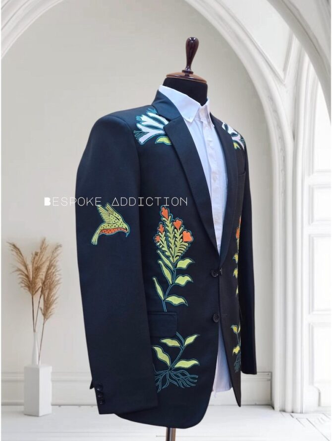 Men Green 2Pc Bespoke Country Western Suit Floral Leaf Bird Embroidered Customized Back latter R Cocktail Groom Wedding Prom Party Outfit - Image 5