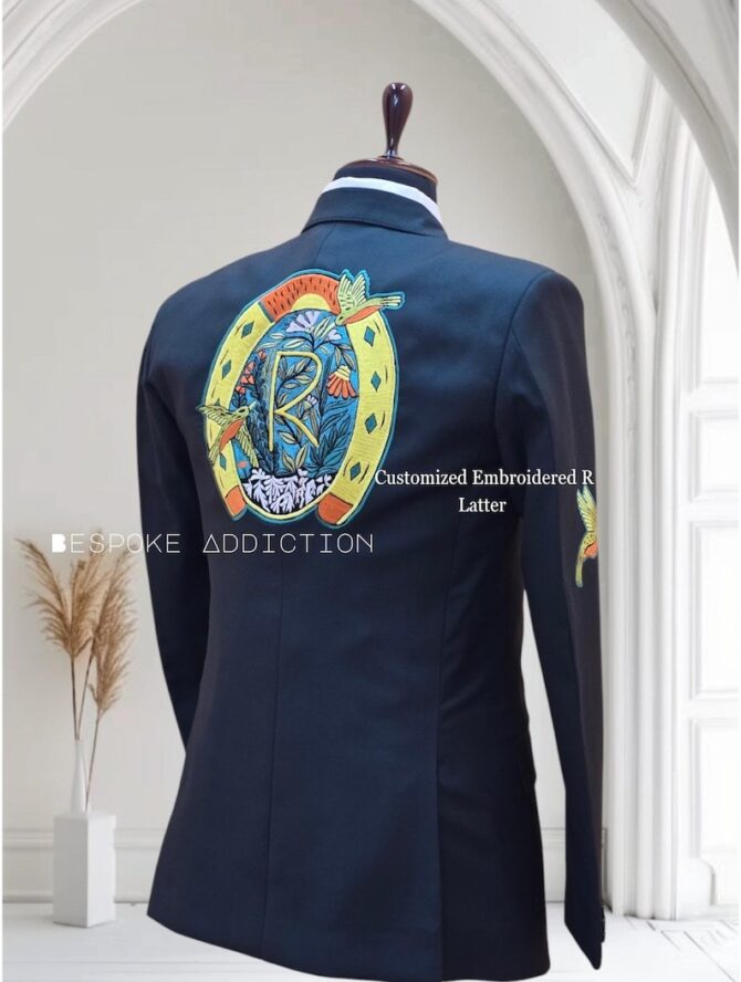 Men Green 2Pc Bespoke Country Western Suit Floral Leaf Bird Embroidered Customized Back latter R Cocktail Groom Wedding Prom Party Outfit - Image 4